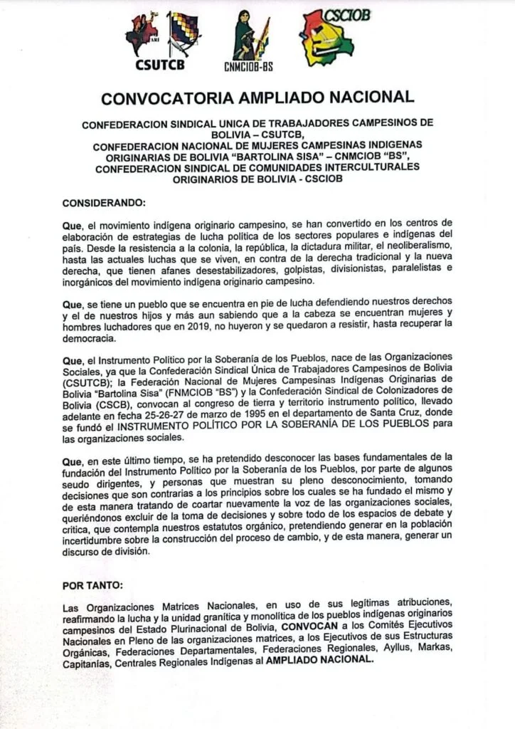 Convocatoria al Ampliado Nacional de Organizaciones Sociales en Bolivia