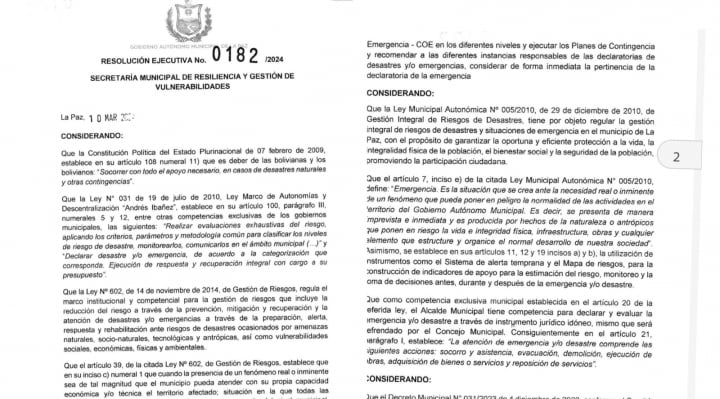 Alcalde Arias declara en “situación de emergencia y alerta roja” al municipio de La Paz