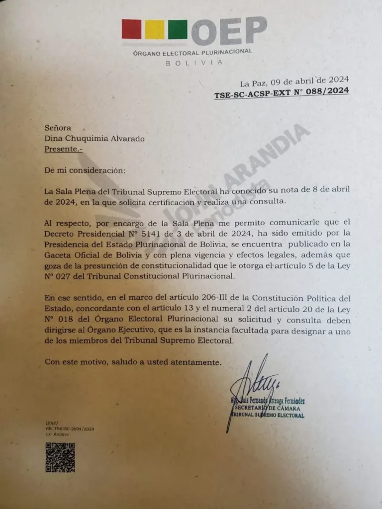 TSE le responde a Chuquimia que el decreto de Arce que designa a Ávila como vocal tiene “plena vigencia y efectos legales”