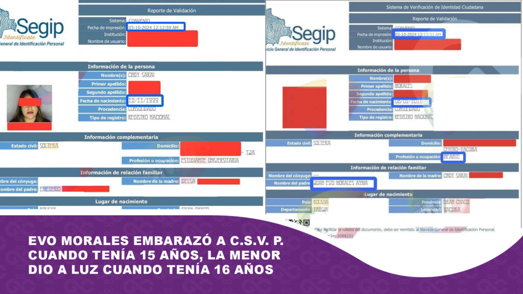 Evo Morales embarazó a C.S.V. P. cuando tenía 15 años, la menor dio a luz cuando tenía 16 años