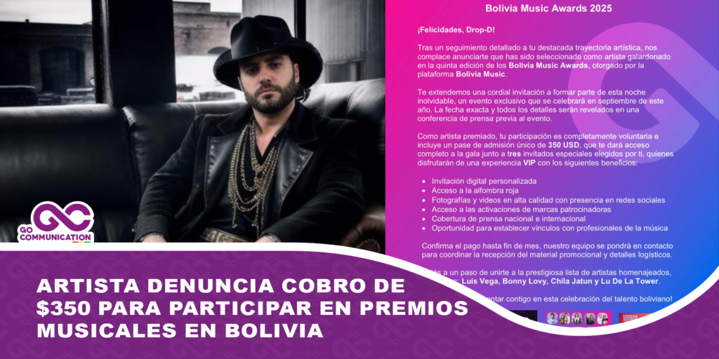 Artista denuncia cobro de $350 para participar en premios musicales en Bolivia