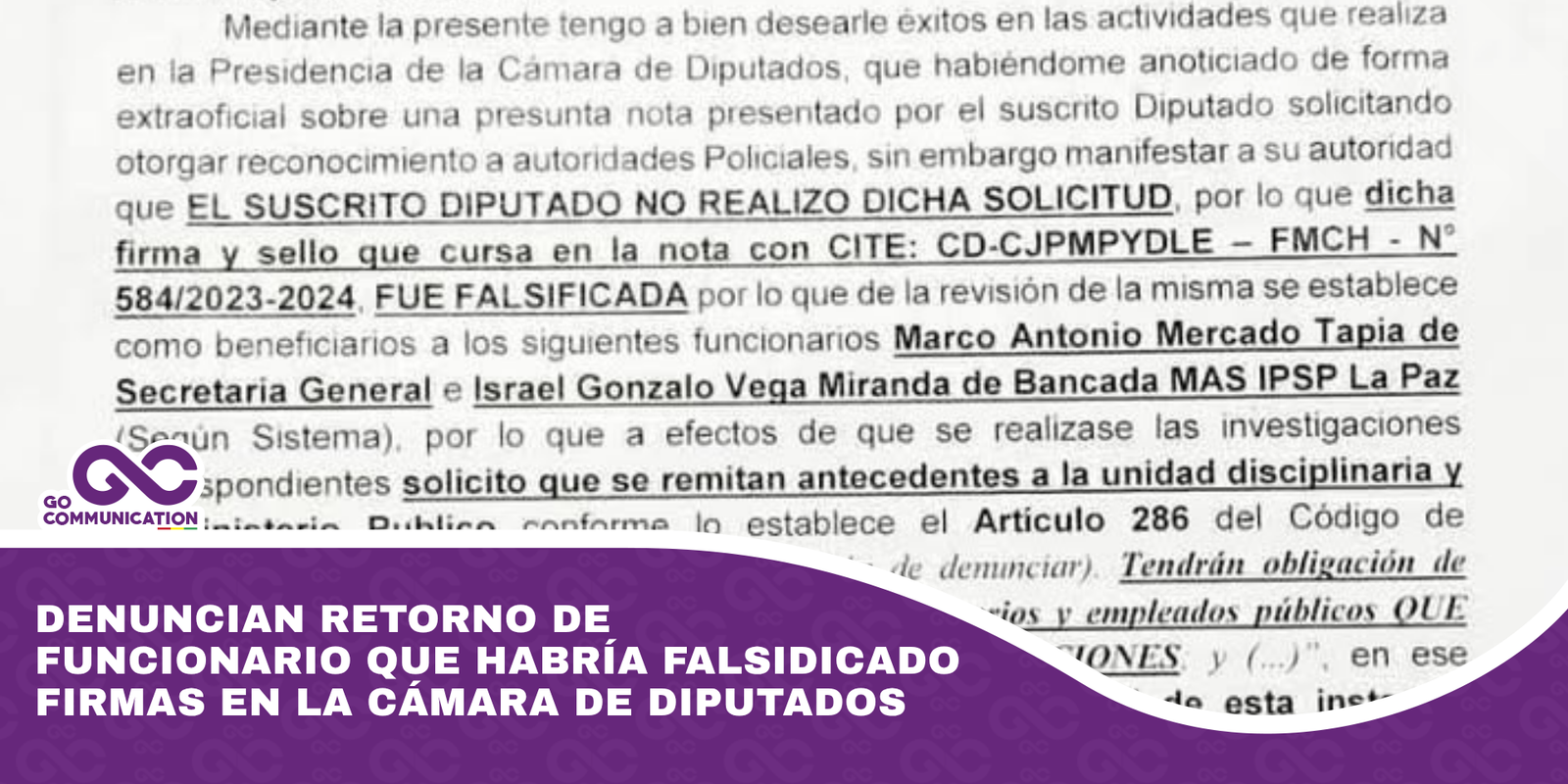 Denuncian retorno de funcionario que habría falsidicado firmas en la Cámara de Diputados