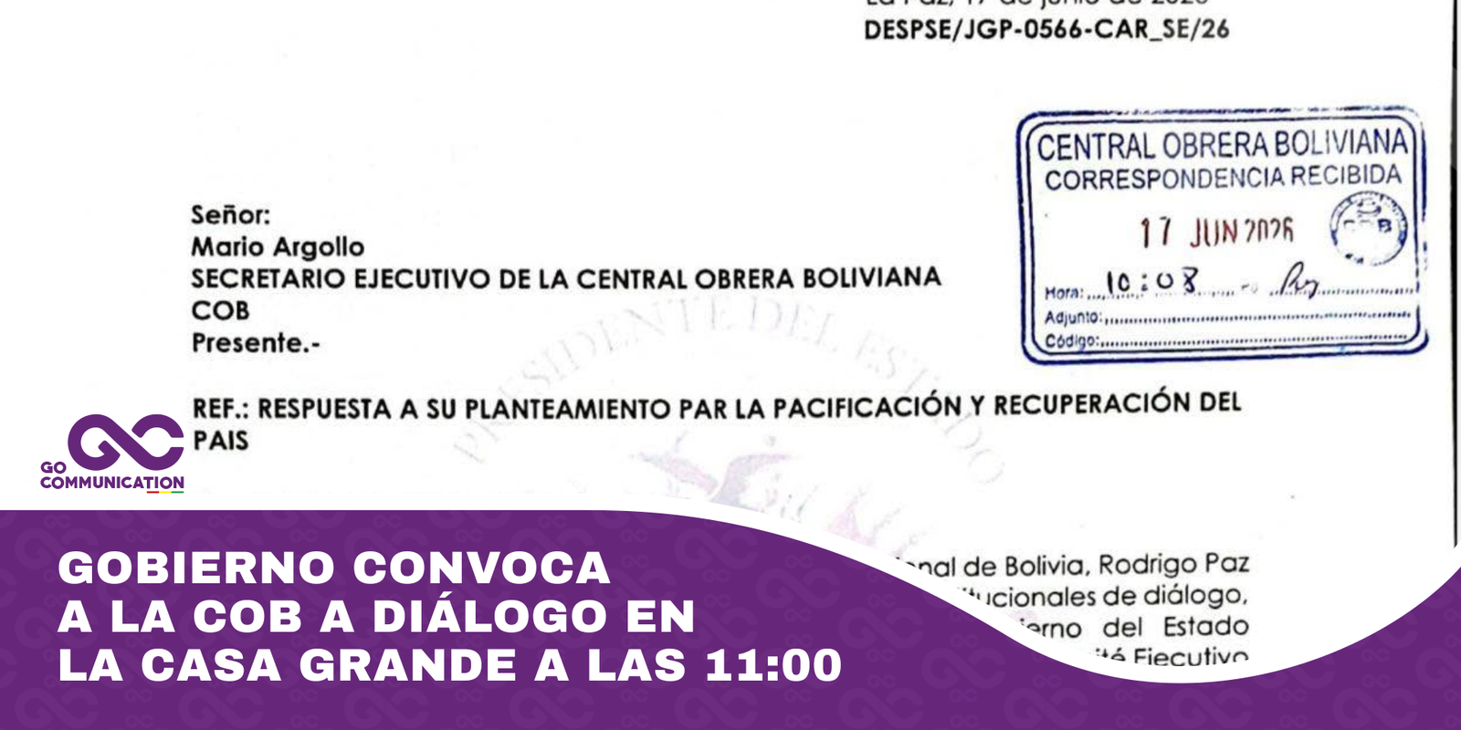 Gobierno convoca a la COB a diálogo en la Casa Grande a las 1100