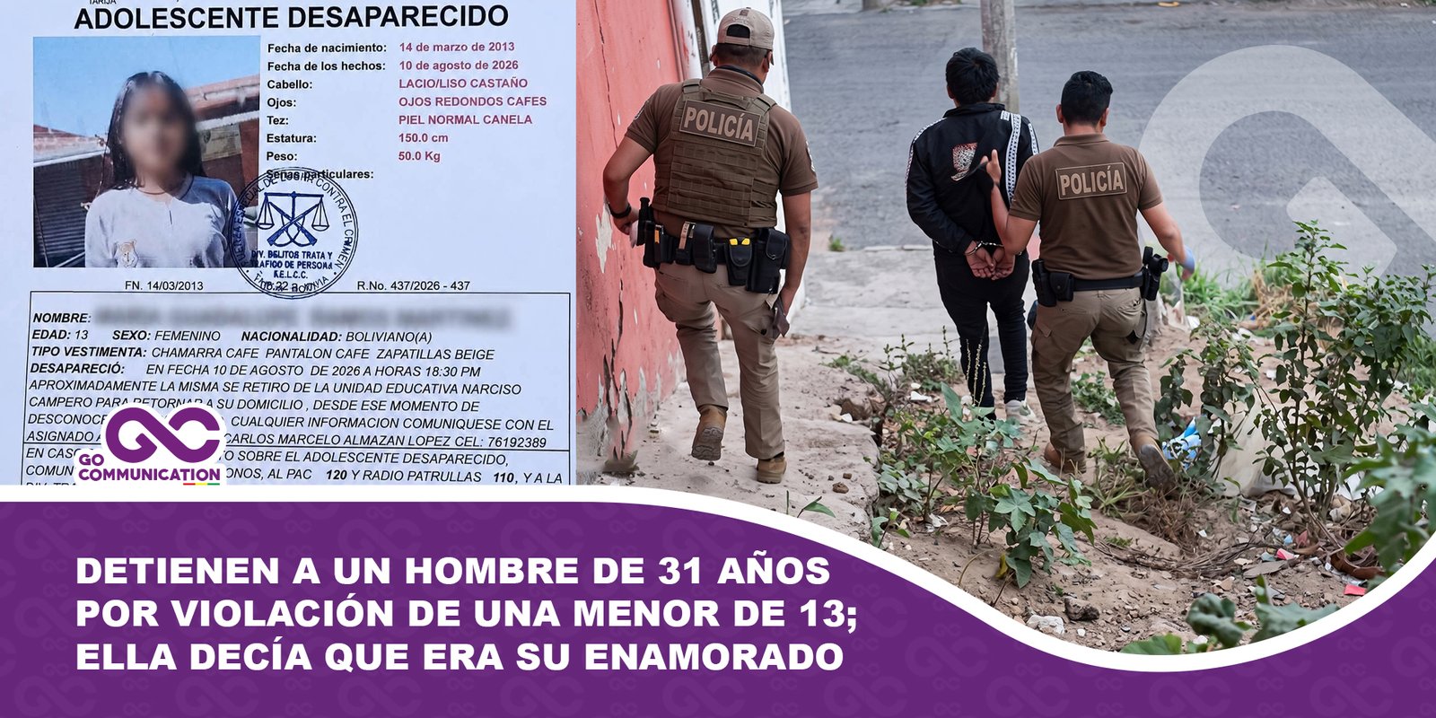 Detienen preventivamente a un hombre de 31 años en Tarija por la presunta violación de una menor de 13 años